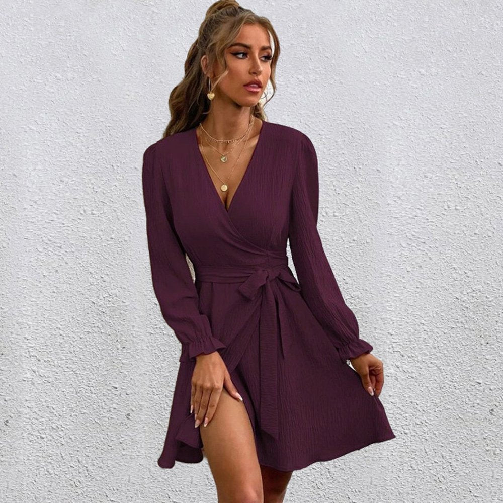 Macymars™ Women Long Sleeve Solid Color V Neck Loose Mid Swing Dresses