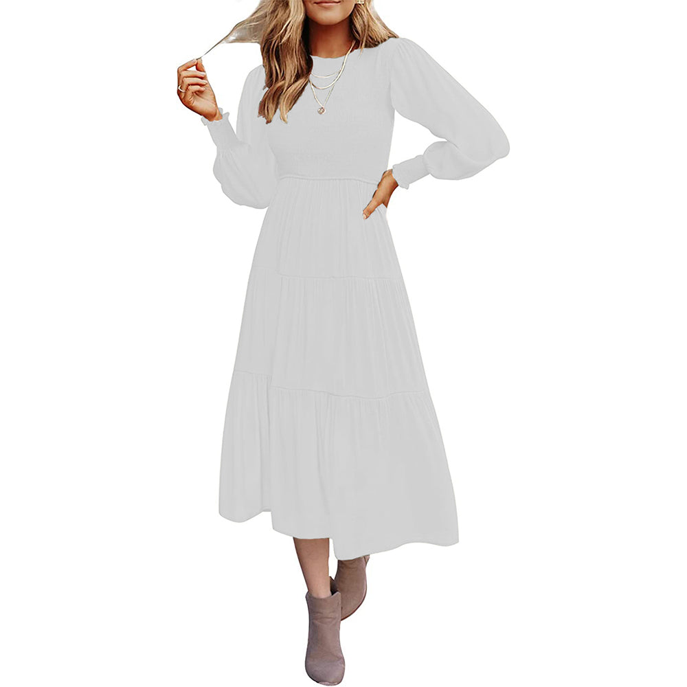 Macymars™ Women's Pleated Long Sleeve Round Neck Dress