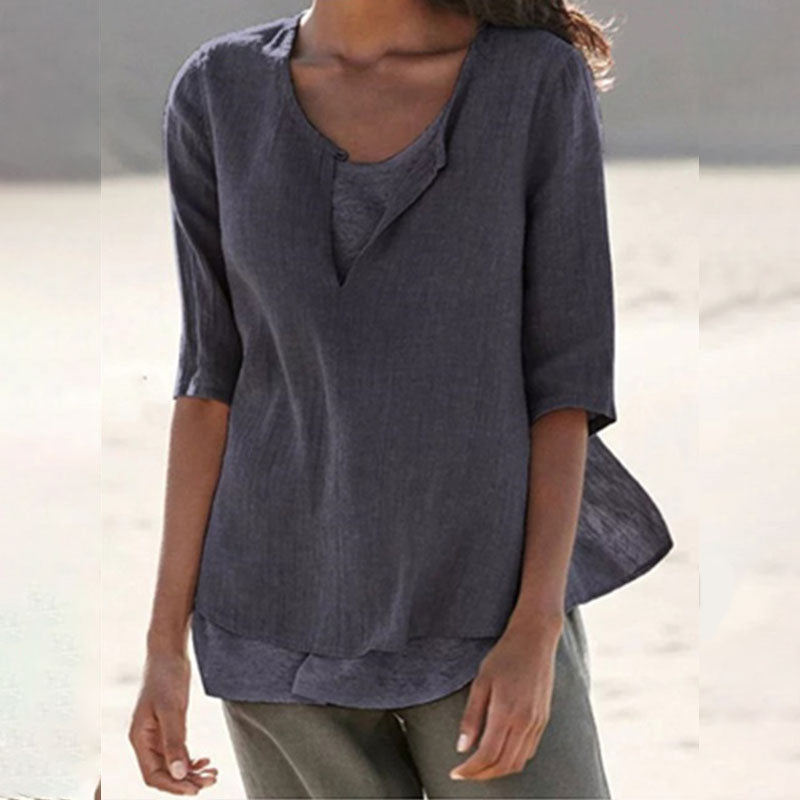 Macymars™ Fashion V Neck Solid Color Cotton And Linen Casual Women's Shirt