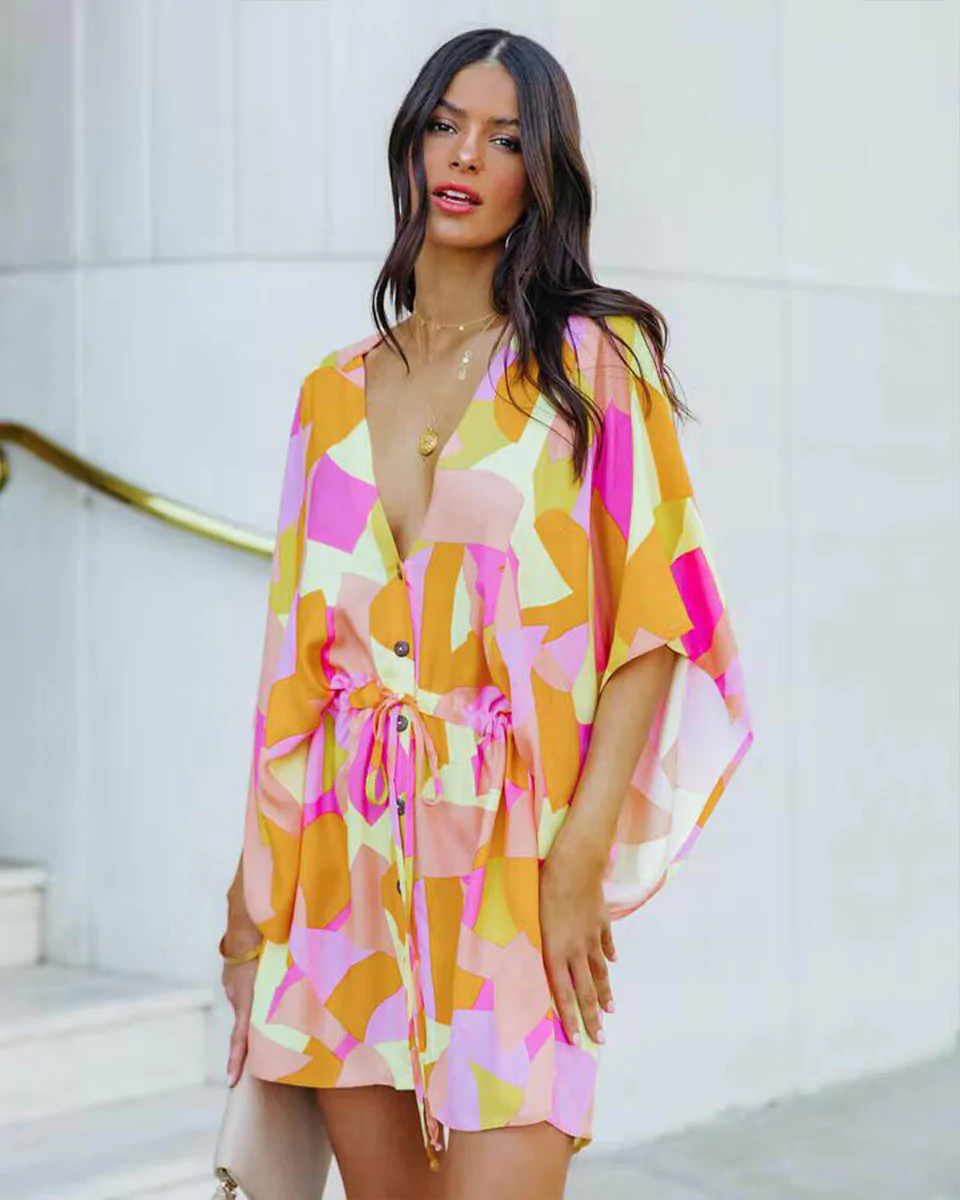 Macymars™ Printed V-Neck Bat Sleeve Button Drawstring Dress 2022 New