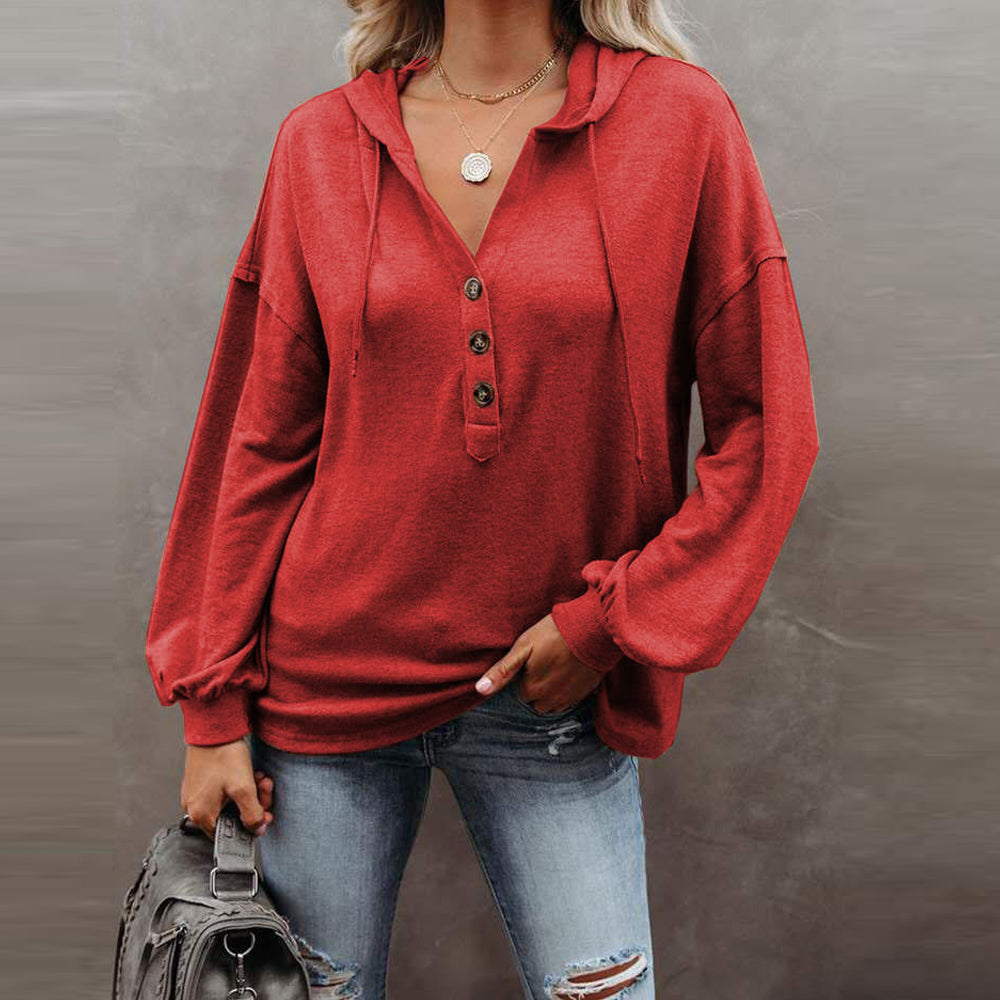 Macymars™ Women's Solid Color V-Neck Button Hooded Loose Long Sleeve Sweatshirt