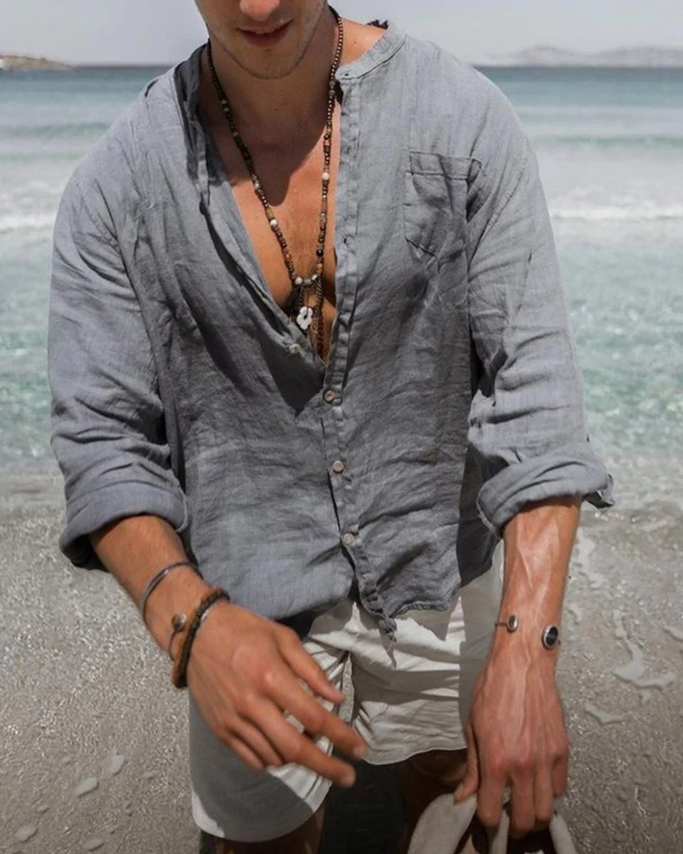 Macymars™ Men's Grey Cotton Linen Loose Shirt