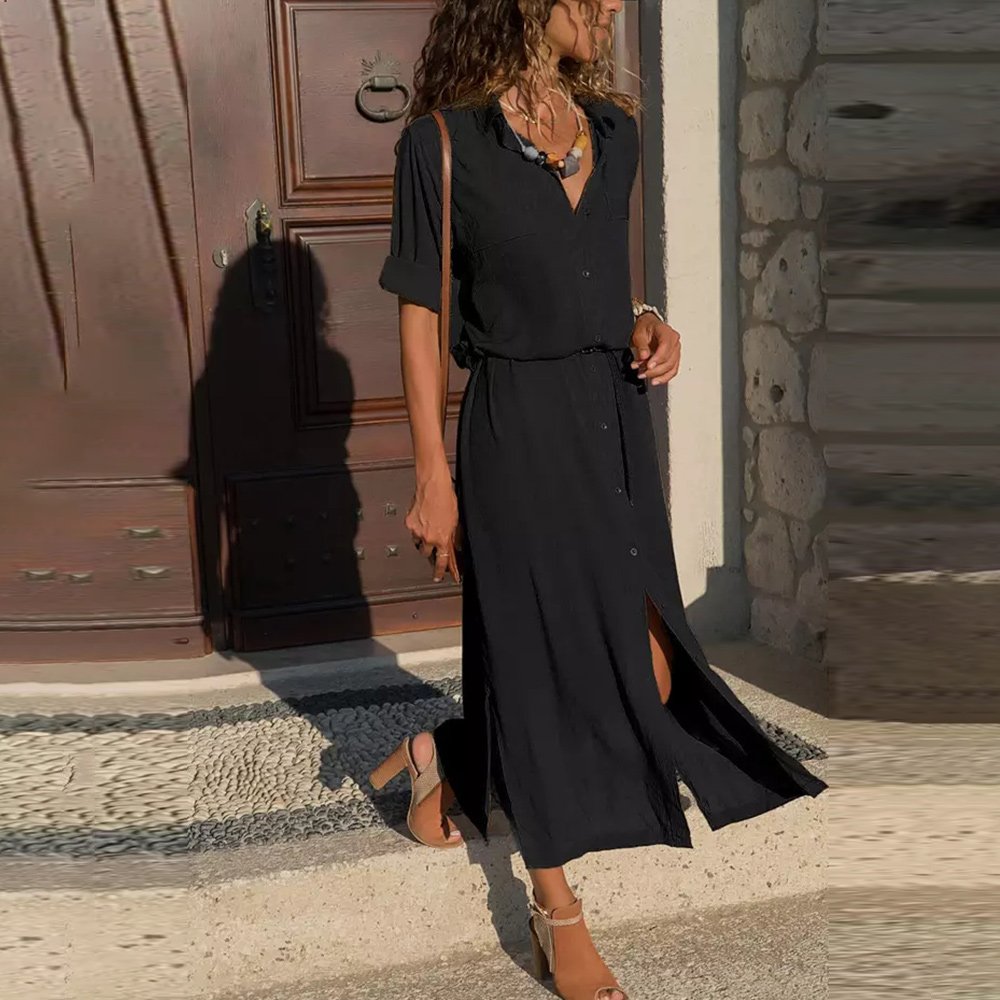 Macymars™ Summer and Autumn Deep V Long Sleeve Solid Women Maxi Dress