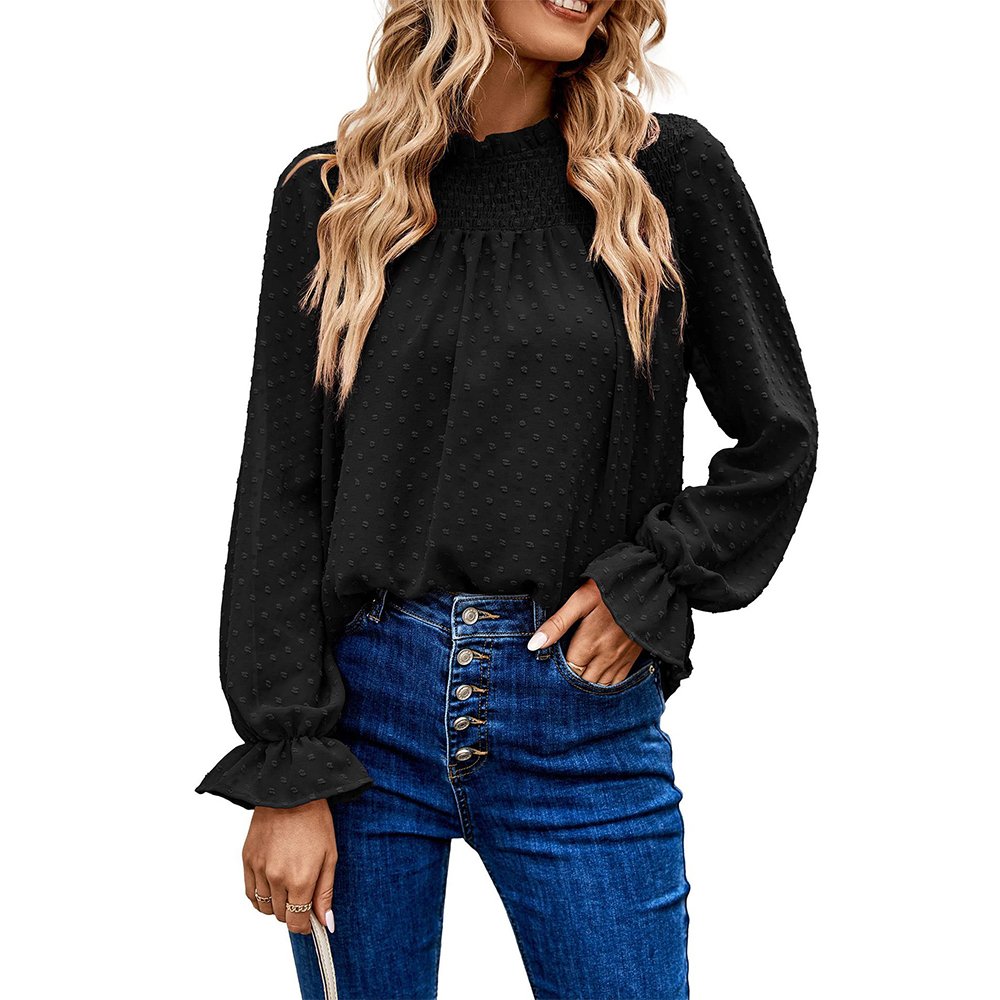 Macymars™ Women's Round Neck Chiffon Ruffle Loose Solid Color Fur Ball Polka Dot Blouse