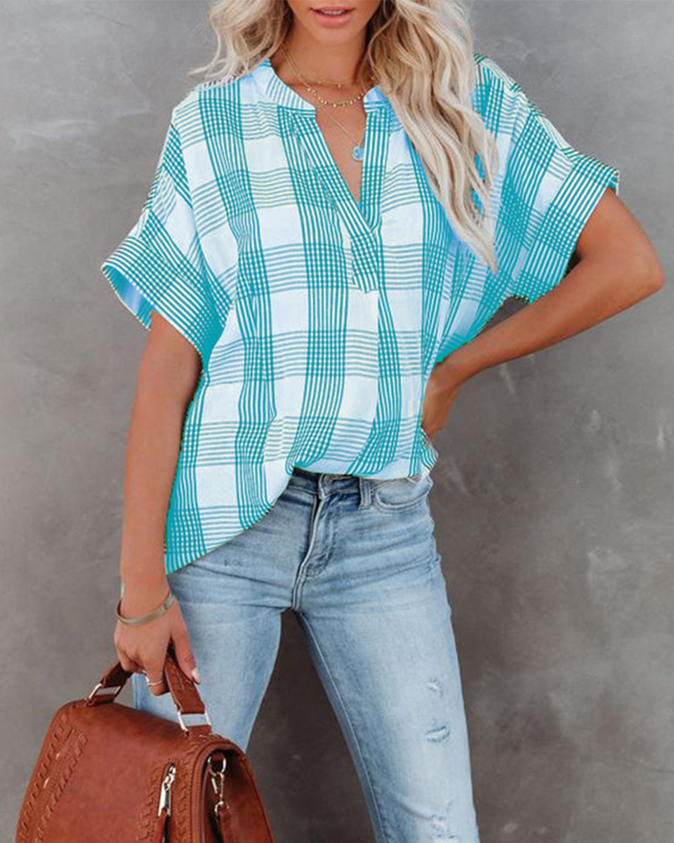 Macymars™ Women Plaid V Neck Loose Casual Basic T-Shirt