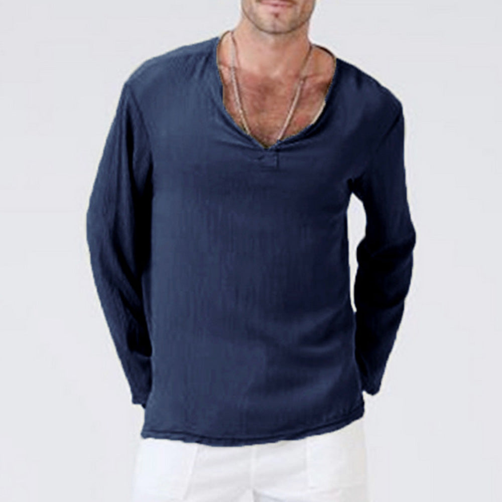 Macymars™ Men's Solid Color Linen V-Neck Long Sleeve T-Shirt