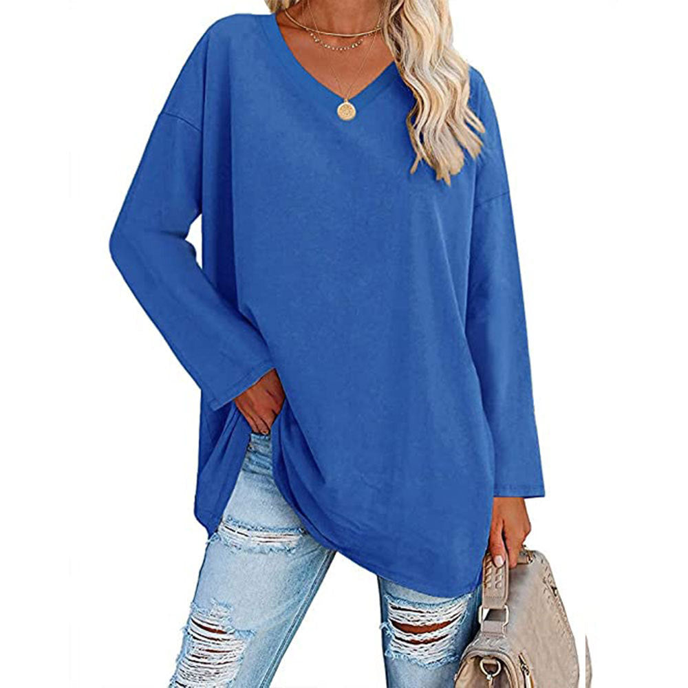 Macymars™ Women's Solid Color Fashion V-Neck Loose Long Sleeve T-Shirt