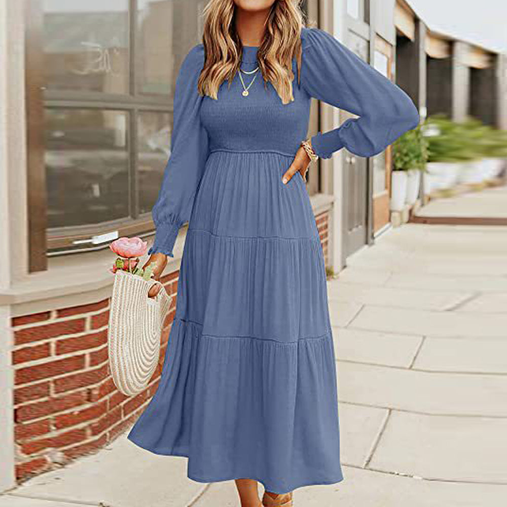 Macymars™ Women's Pleated Long Sleeve Round Neck Dress