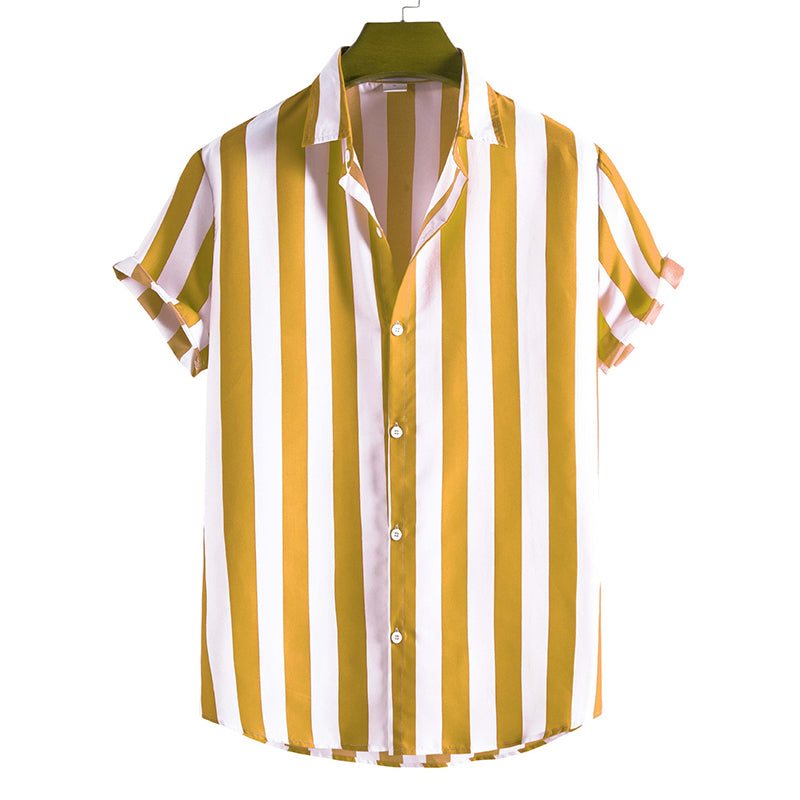 Macymars™ Literary Yellow Vertical Stripes Fashion Casual Men's Bowling Shirt