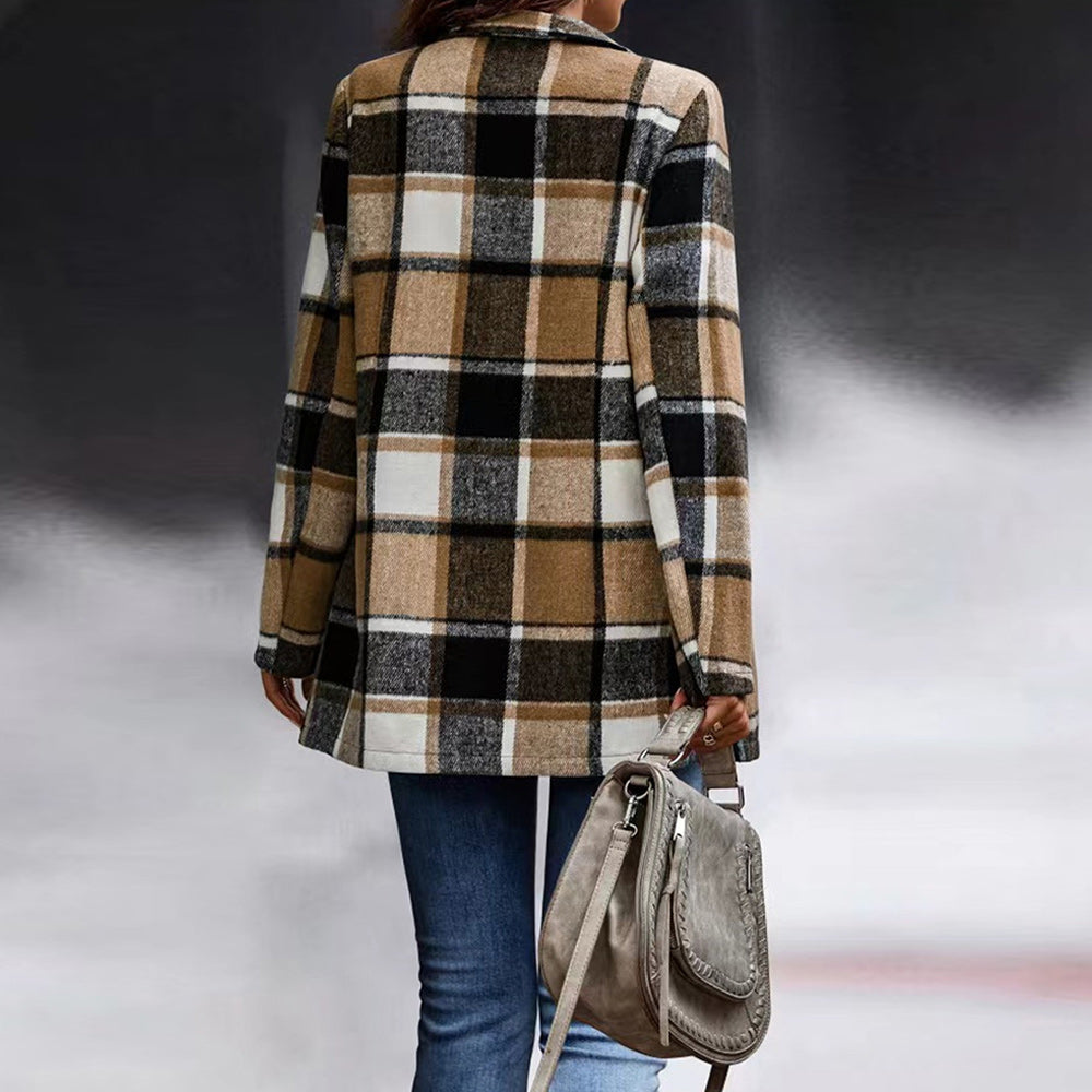 Macymars™ New Autumn Winter Women Warm Woolen Plaid Coat Office Lady Long Sleeve Shirt Cardigan