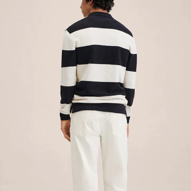 Macymars™ Lapel Half Button Contrast Striped Casual Pullover