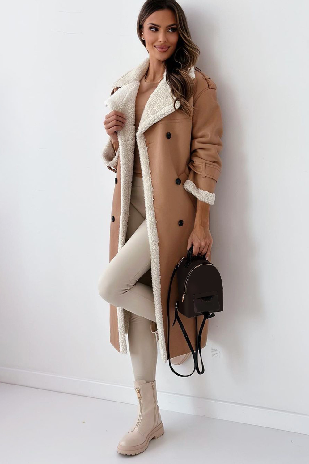 Fuzzy Lined Notch Collar Double-Breasted Faux Leather Overcoat-Brown