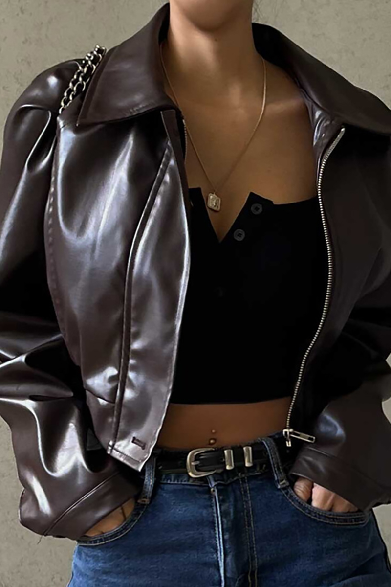 PU Leather Turndown Collar Long Sleeve Crop Jacket-Brown