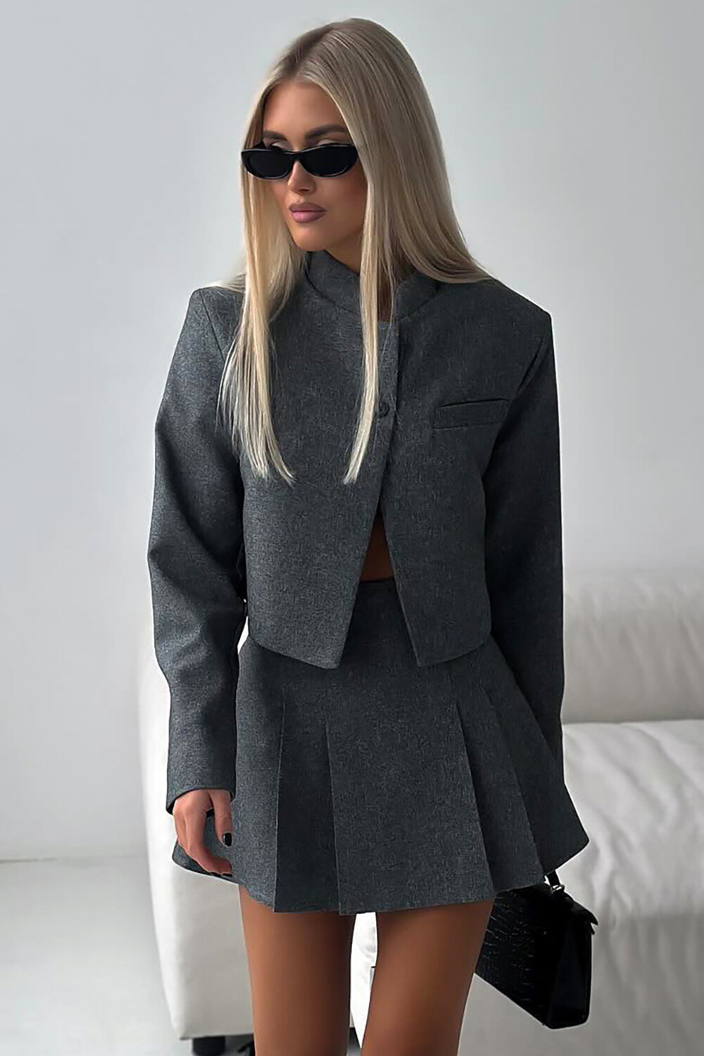 Stand Collar Front Slit Crop Blazer A-Line Pleated Mini Skirt 2pcs Set-Gray