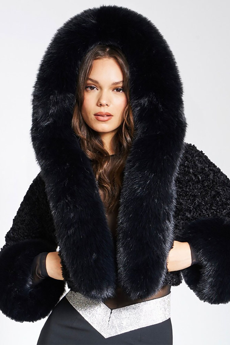 Solid Color Faux Fur Long Sleeve Pocket Hooded Crop Coat-White