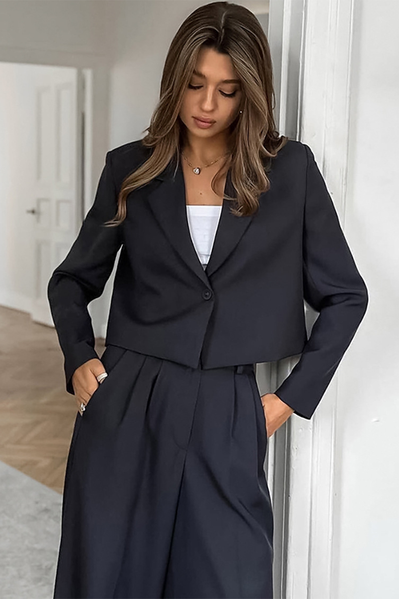 Notch Lapel Crop Blazer Wide Leg Pants Matching Set-DarkGray