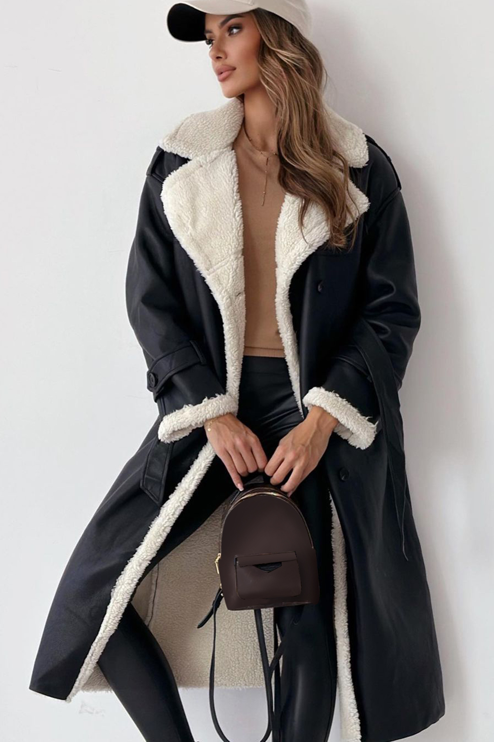 Fuzzy Lined Notch Collar Double-Breasted Faux Leather Overcoat-Brown