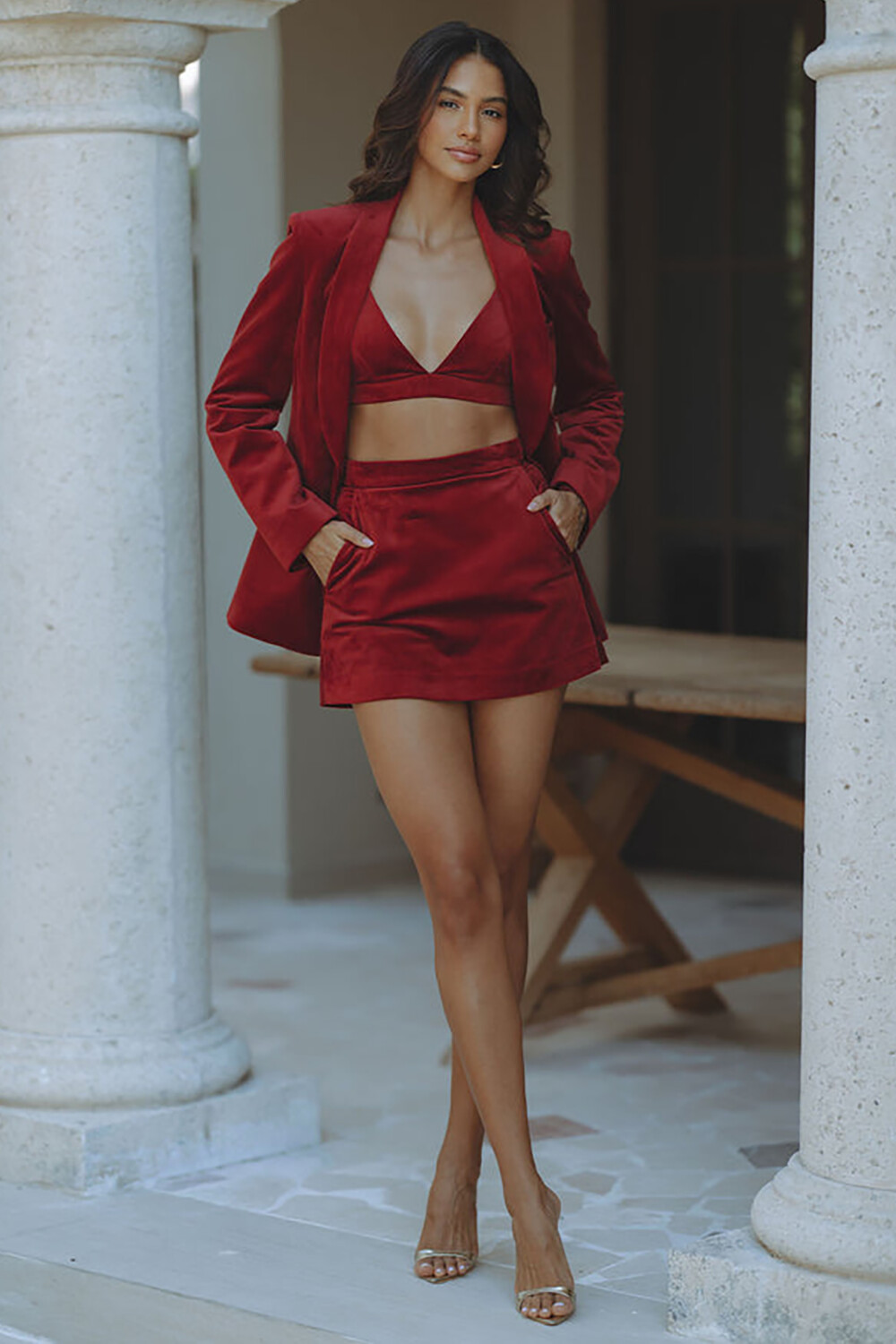 Long Sleeve Blazer Crop Cami Mini Skirt Velvet 3pcs Set-Red [Pre Order]