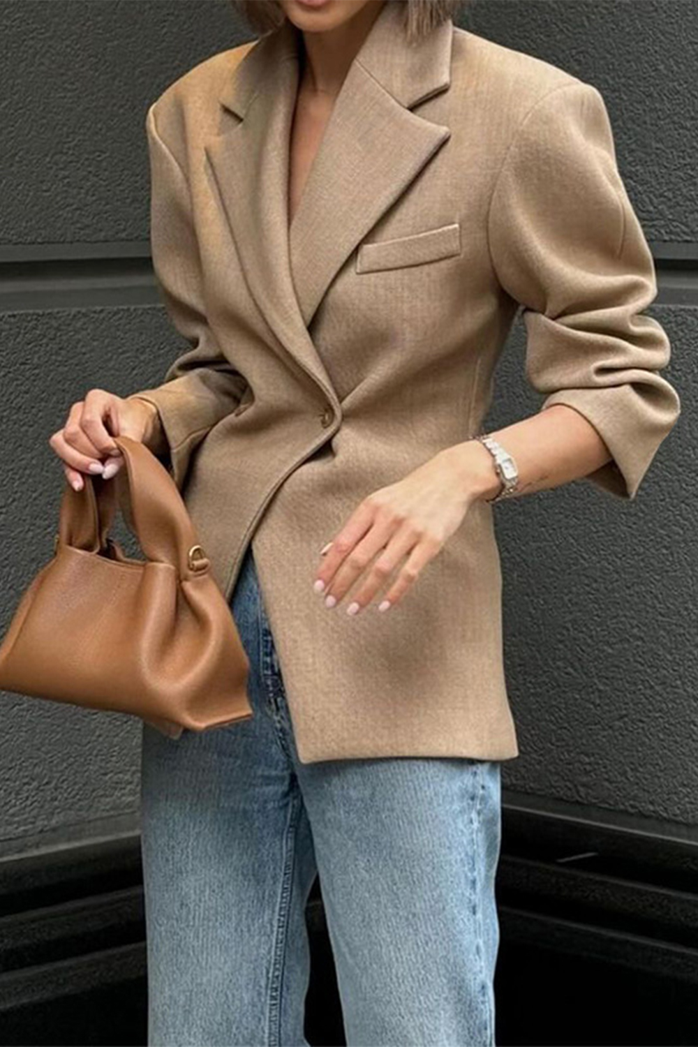 Notch Lapel Double-Breasted Plain Blazer-Khaki
