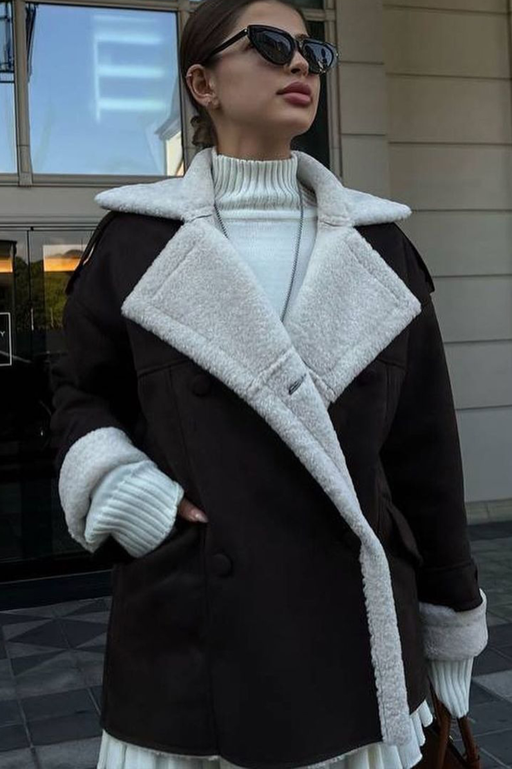 Fuzzy Lined Notch Collar Long Sleeve Suede Leather Jacket-Brown