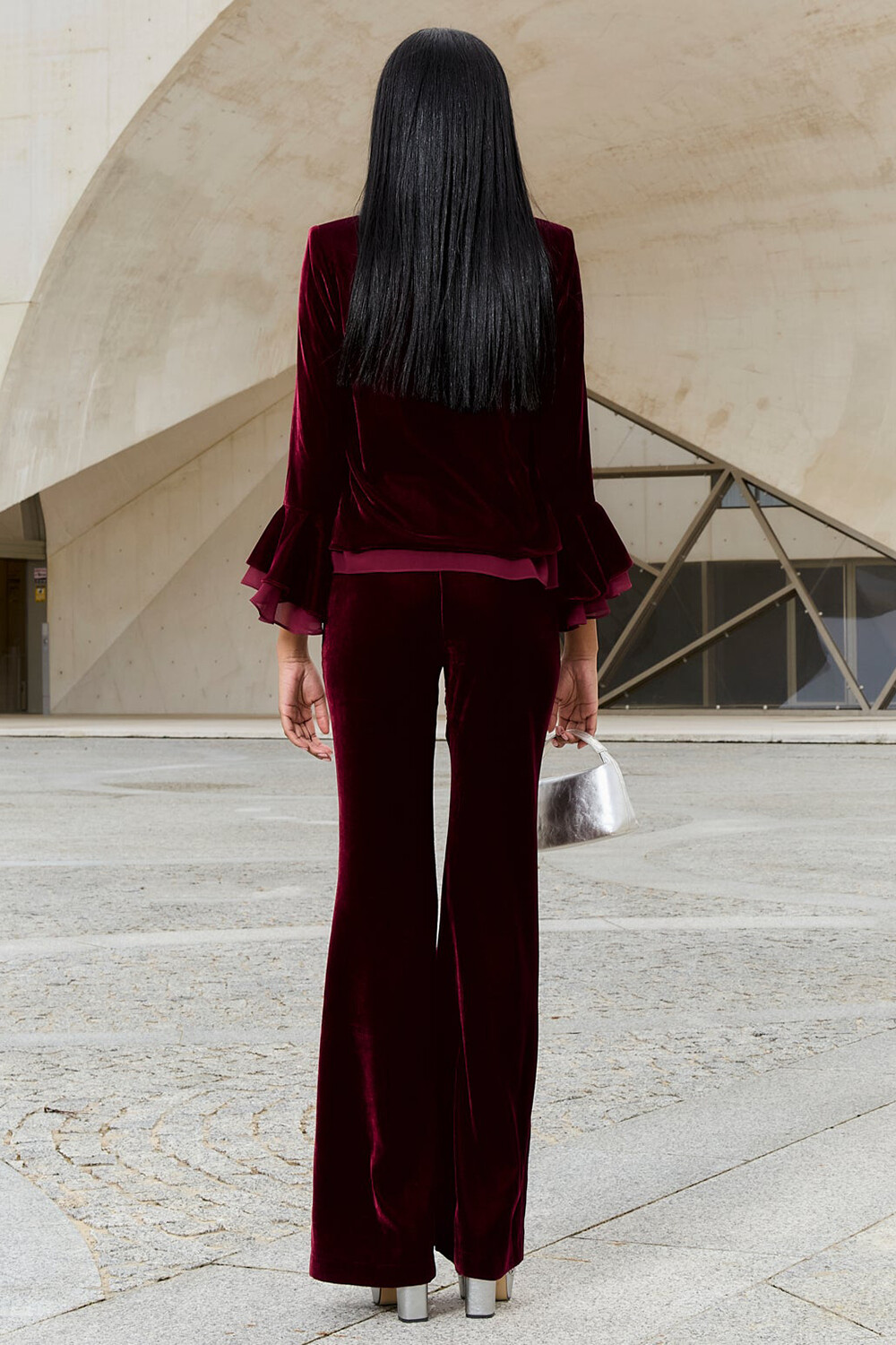 Bell Sleeve Tie Up Blazer Flared Pants Velvet 2pcs Set-Burgundy [Pre Order]