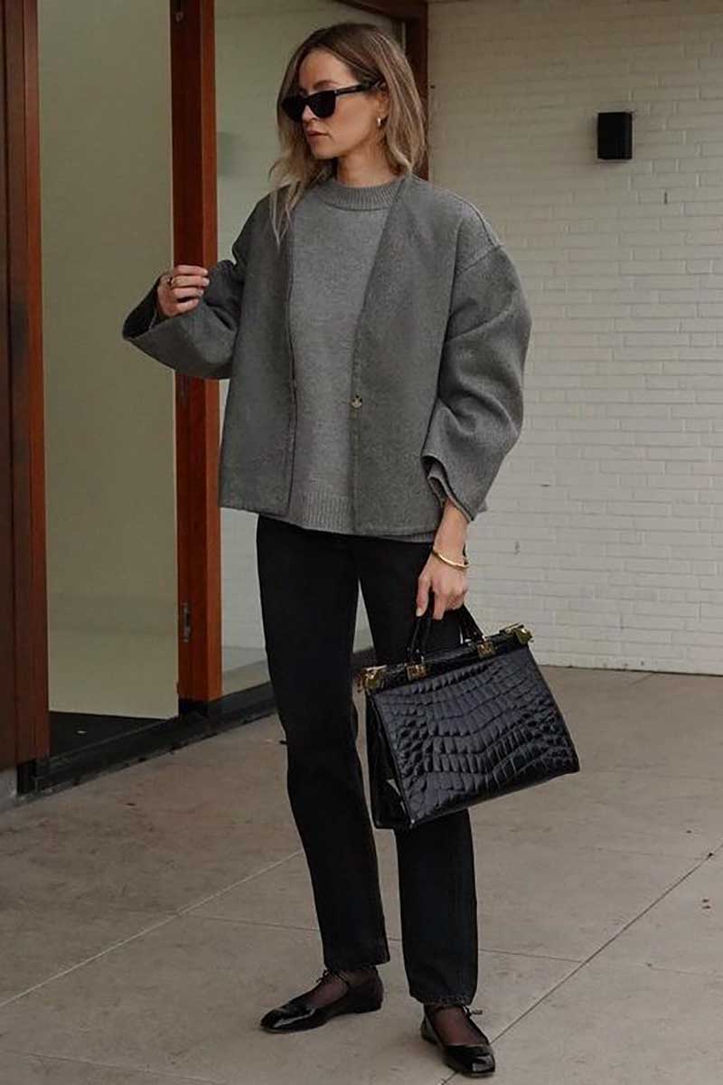 Open Front Long Sleeve Loose Fit Plain Woolen Cardigan-Grey