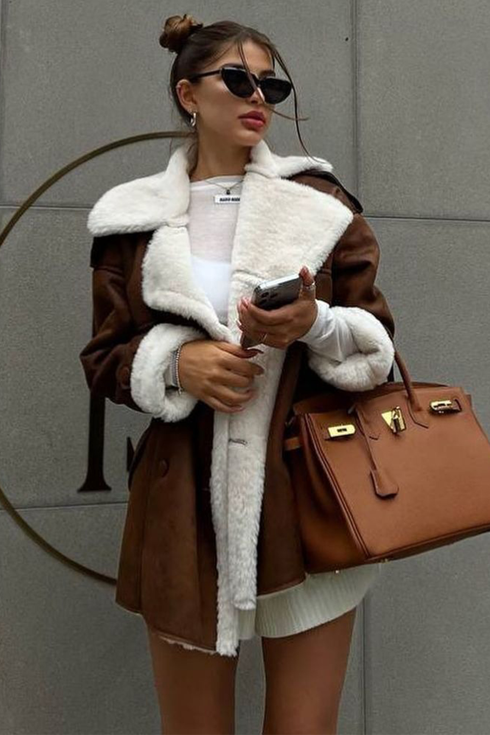 Fuzzy Lined Notch Collar Long Sleeve Suede Leather Jacket-Brown