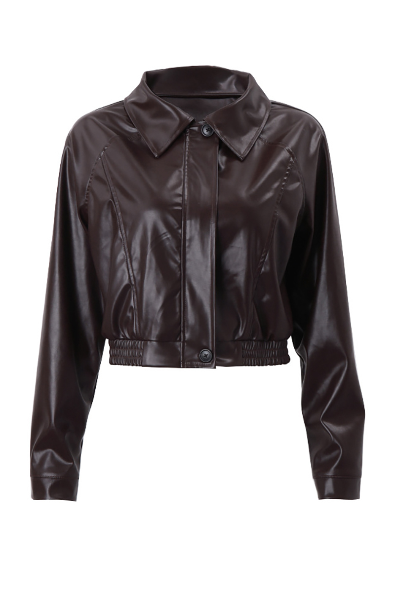 PU Leather Turndown Collar Long Sleeve Crop Jacket-Brown