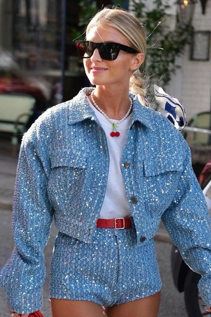 Denim Sequin Crop Jacket High Waist Shorts Matching Set-Blue