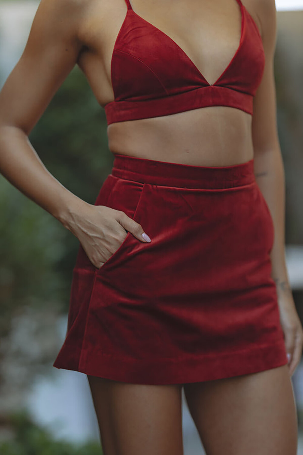 Long Sleeve Blazer Crop Cami Mini Skirt Velvet 3pcs Set-Red [Pre Order]