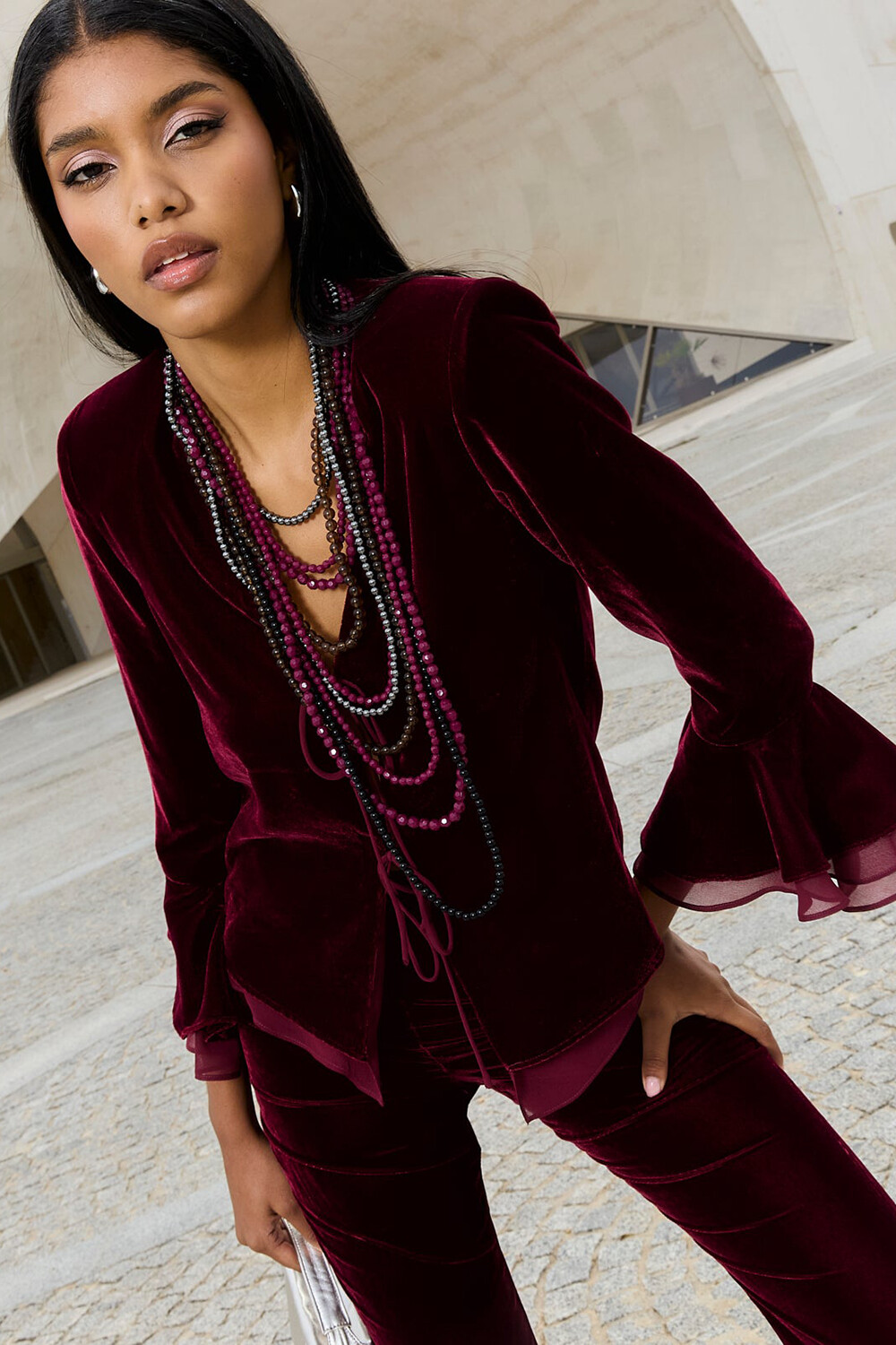 Bell Sleeve Tie Up Blazer Flared Pants Velvet 2pcs Set-Burgundy [Pre Order]