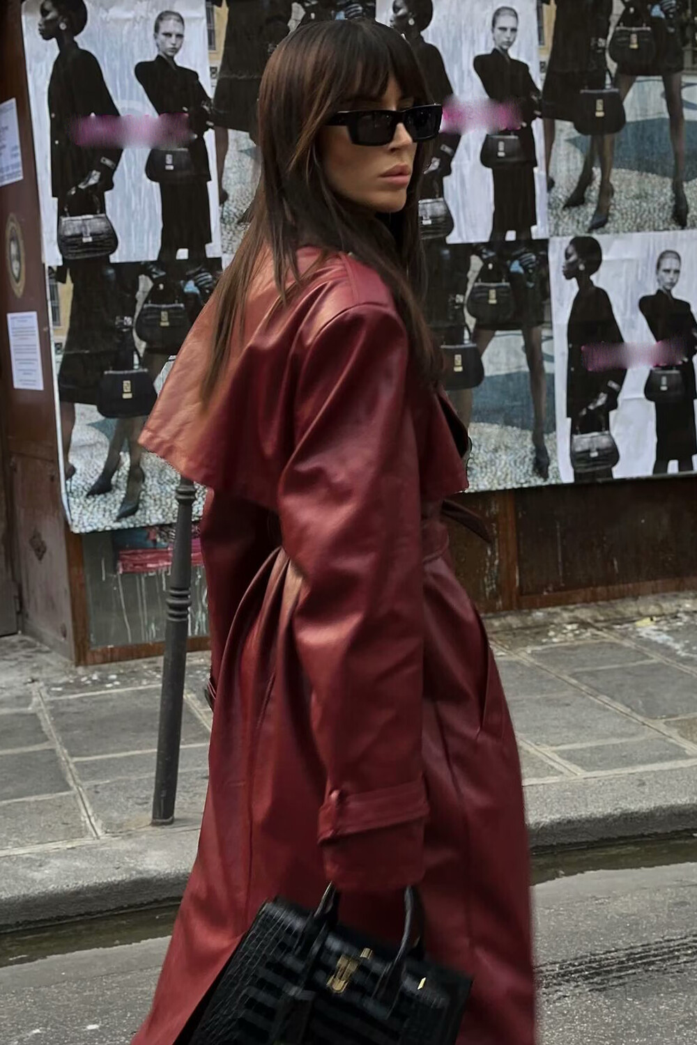 Notch Collar Faux Leather Solid Color Trench Coat-Burgundy