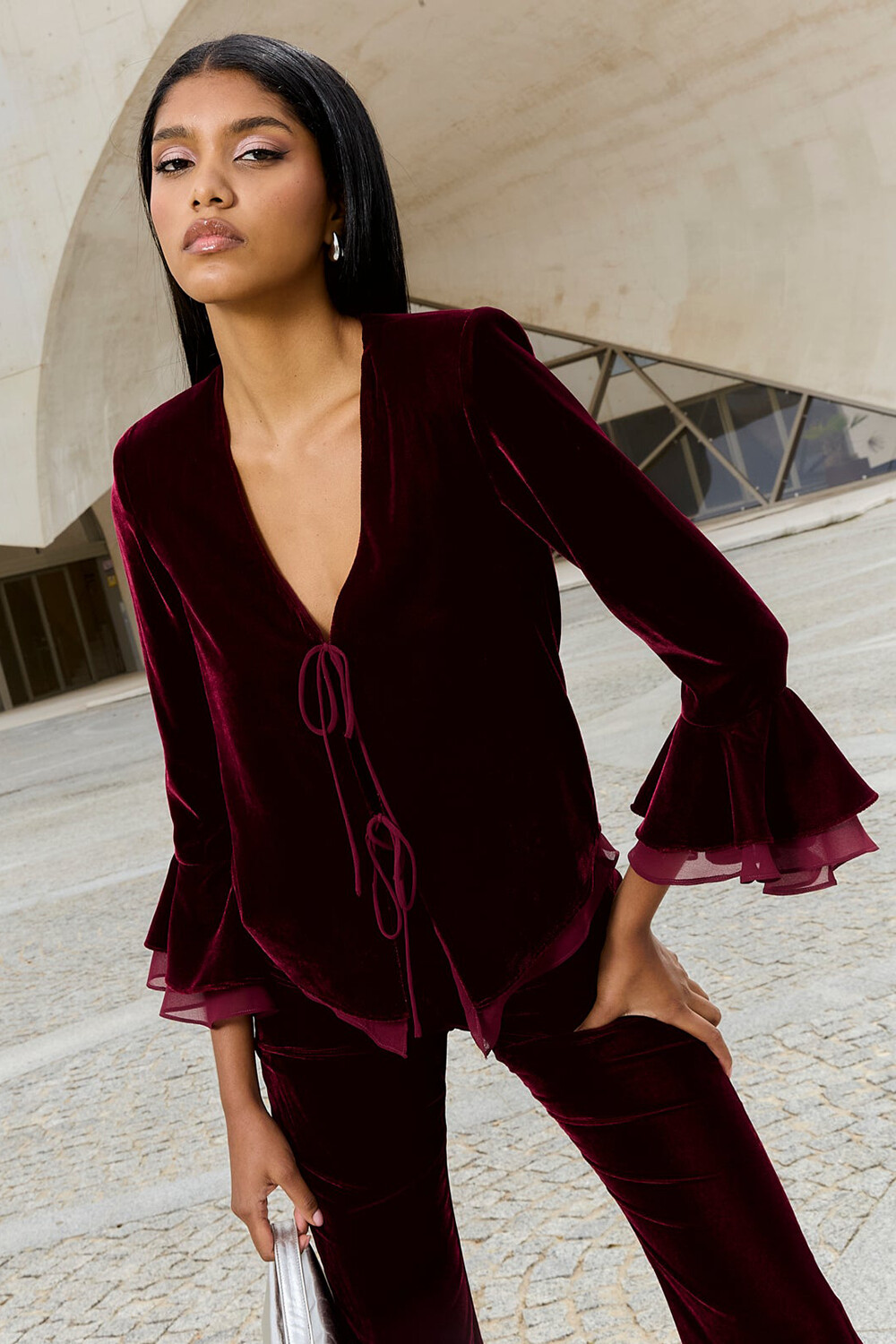 Bell Sleeve Tie Up Blazer Flared Pants Velvet 2pcs Set-Burgundy [Pre Order]