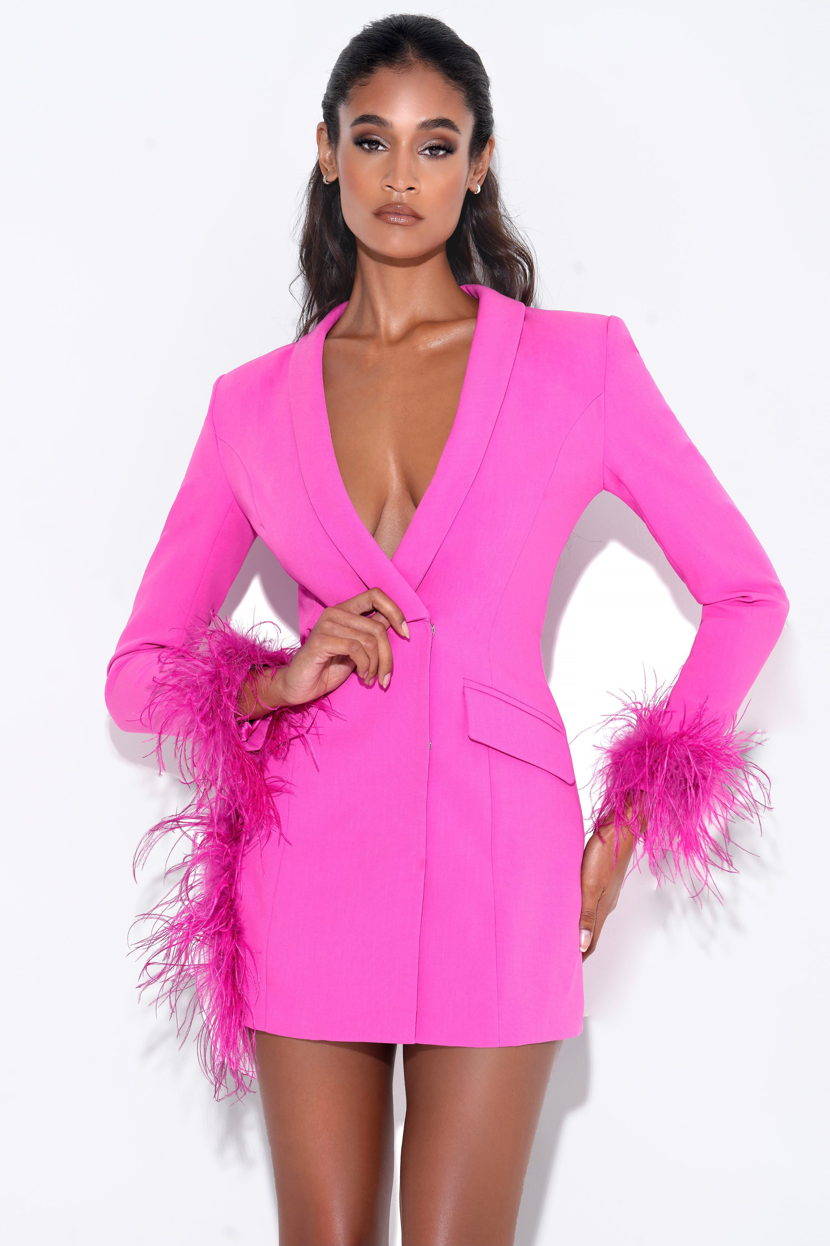 V Neck Feather Trim Blazer Party Mini Dresses