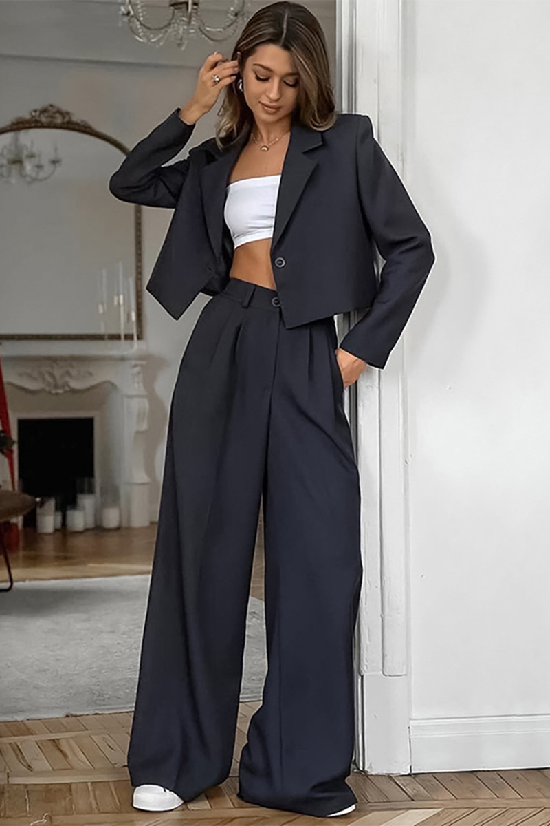 Notch Lapel Crop Blazer Wide Leg Pants Matching Set-DarkGray