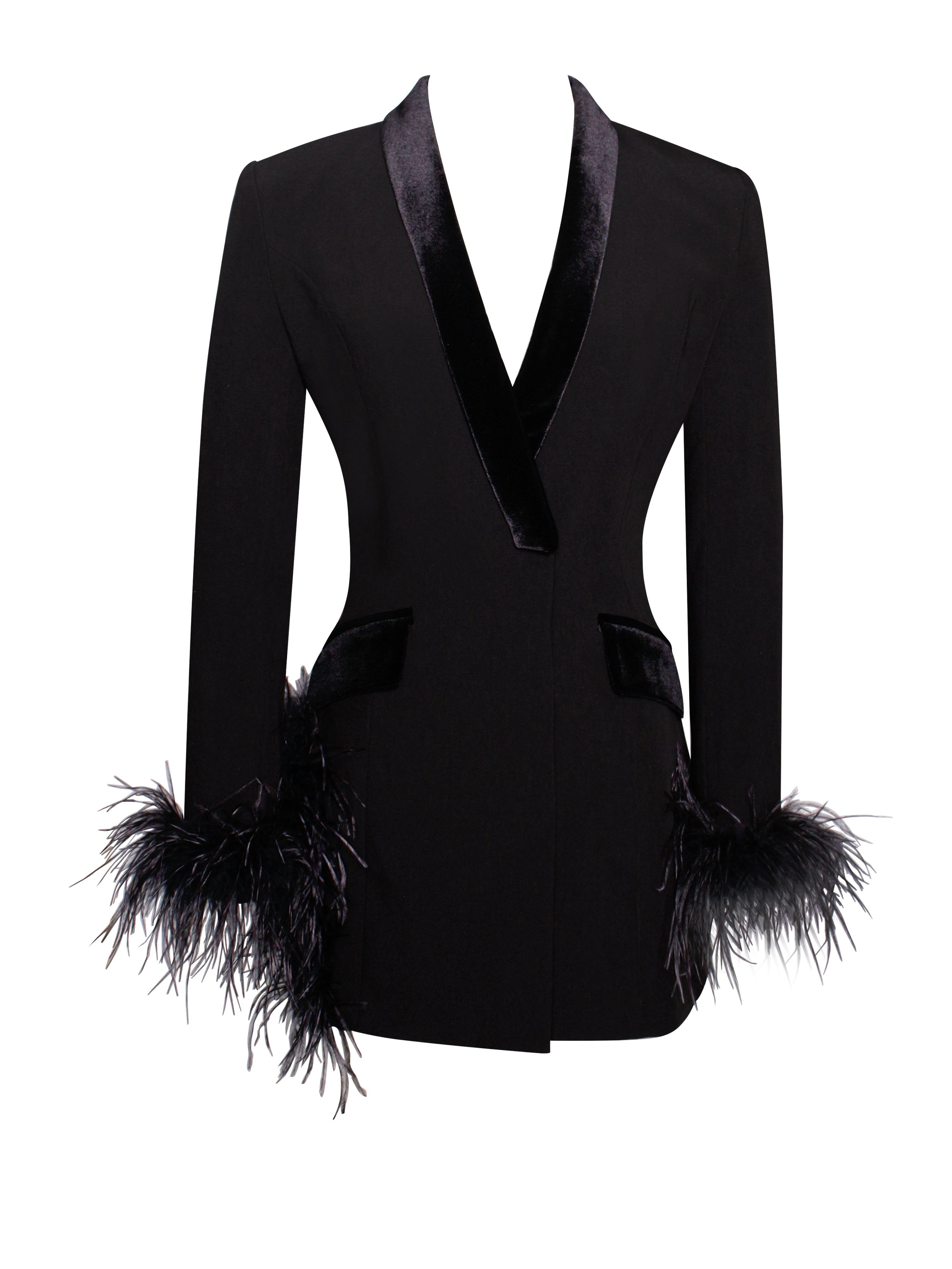V Neck Feather Trim Blazer Party Mini Dresses