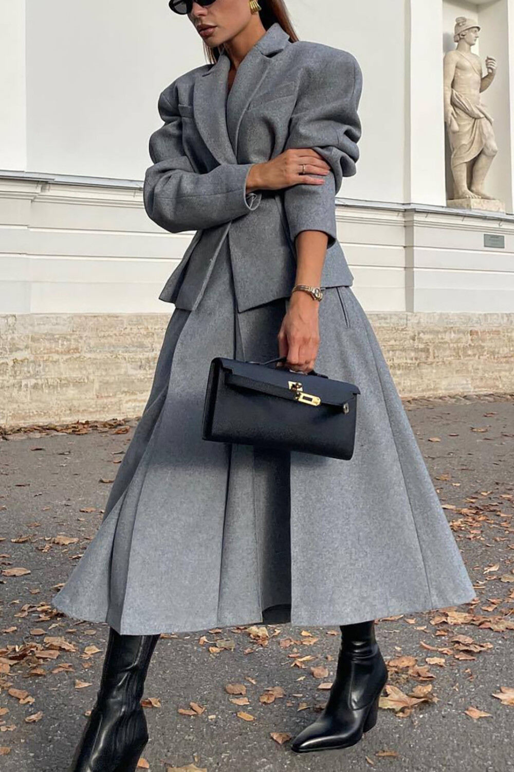 Cinch Waist Blazer Solid Color A-Line Midi Skirt Matching Set-Grey