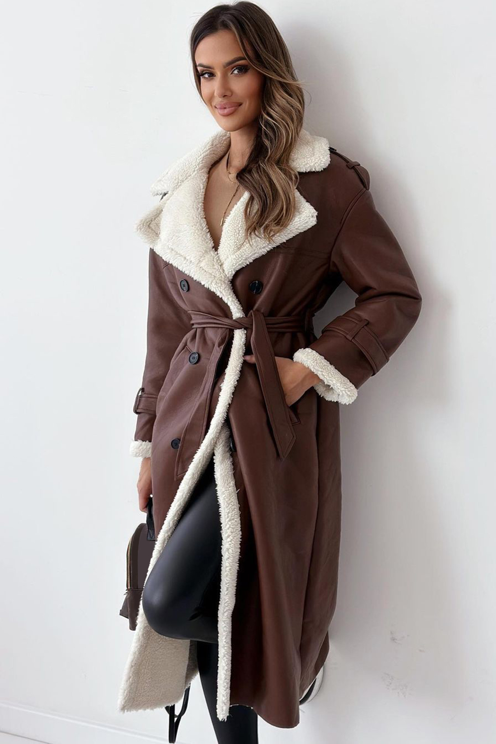 Fuzzy Lined Notch Collar Double-Breasted Faux Leather Overcoat-Brown