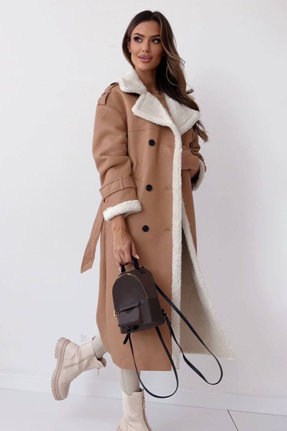 Fuzzy Lined Notch Collar Double-Breasted Faux Leather Overcoat-Brown