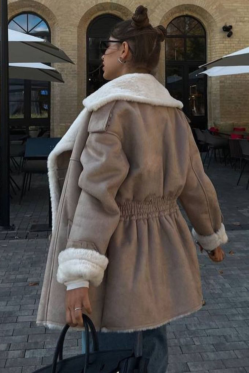 Fuzzy Lined Notch Collar Long Sleeve Suede Leather Jacket-Brown