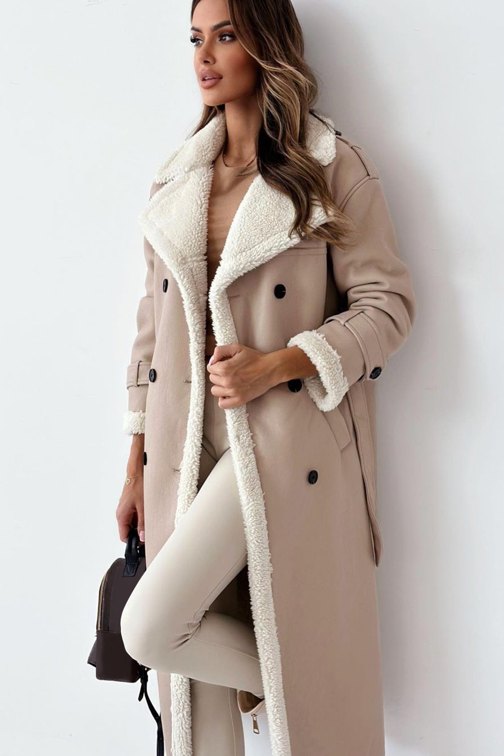 Fuzzy Lined Notch Collar Double-Breasted Faux Leather Overcoat-Brown