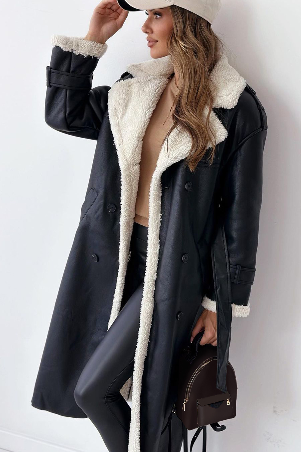 Fuzzy Lined Notch Collar Double-Breasted Faux Leather Overcoat-Brown