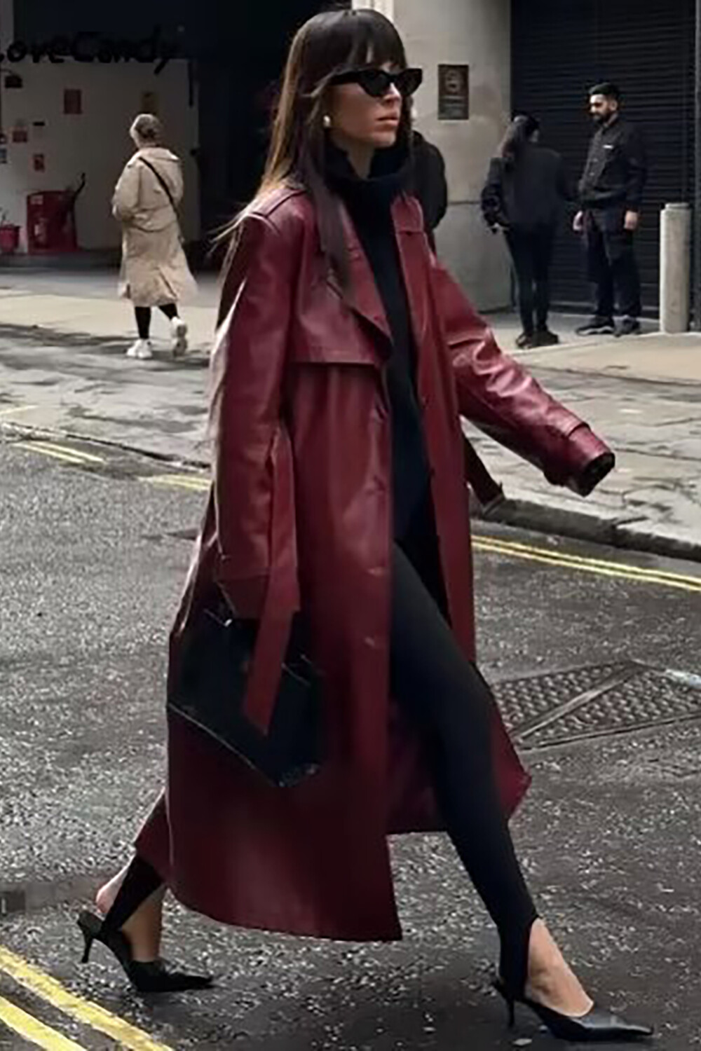 Notch Collar Faux Leather Solid Color Trench Coat-Burgundy