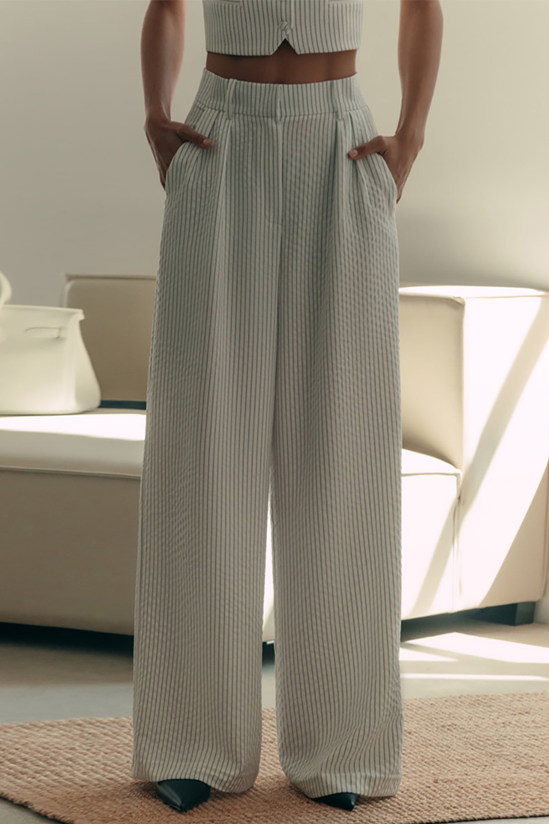 Striped Print V Neck Crop Waistcoat Wide Leg Pants Matching Set-White