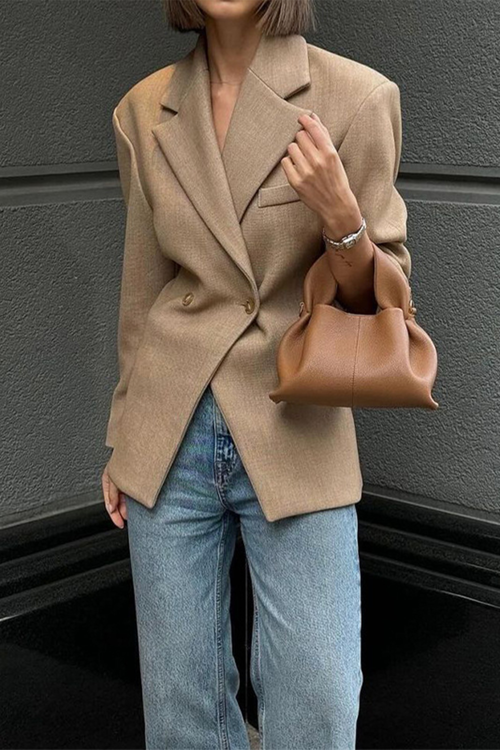 Notch Lapel Double-Breasted Plain Blazer-Khaki