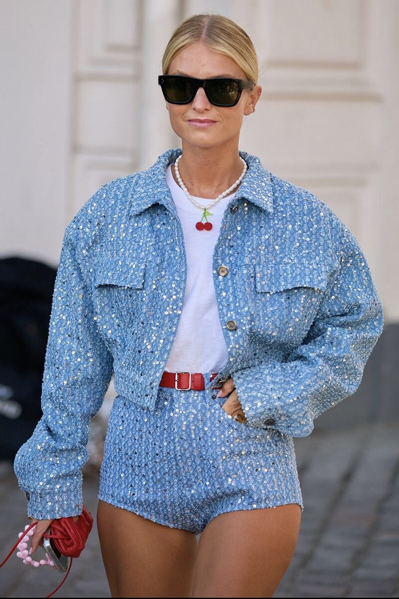 Denim Sequin Crop Jacket High Waist Shorts Matching Set-Blue