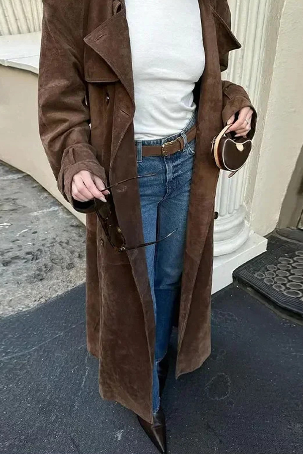 Lapel Collar Long Sleeve Tied Up Double Breasted Trench Coat-Brown