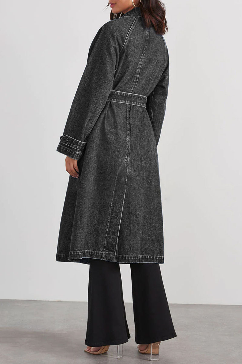 Turndown Collar Long Sleeve Double-Breasted Tie Up Denim Trench Coat-Blue