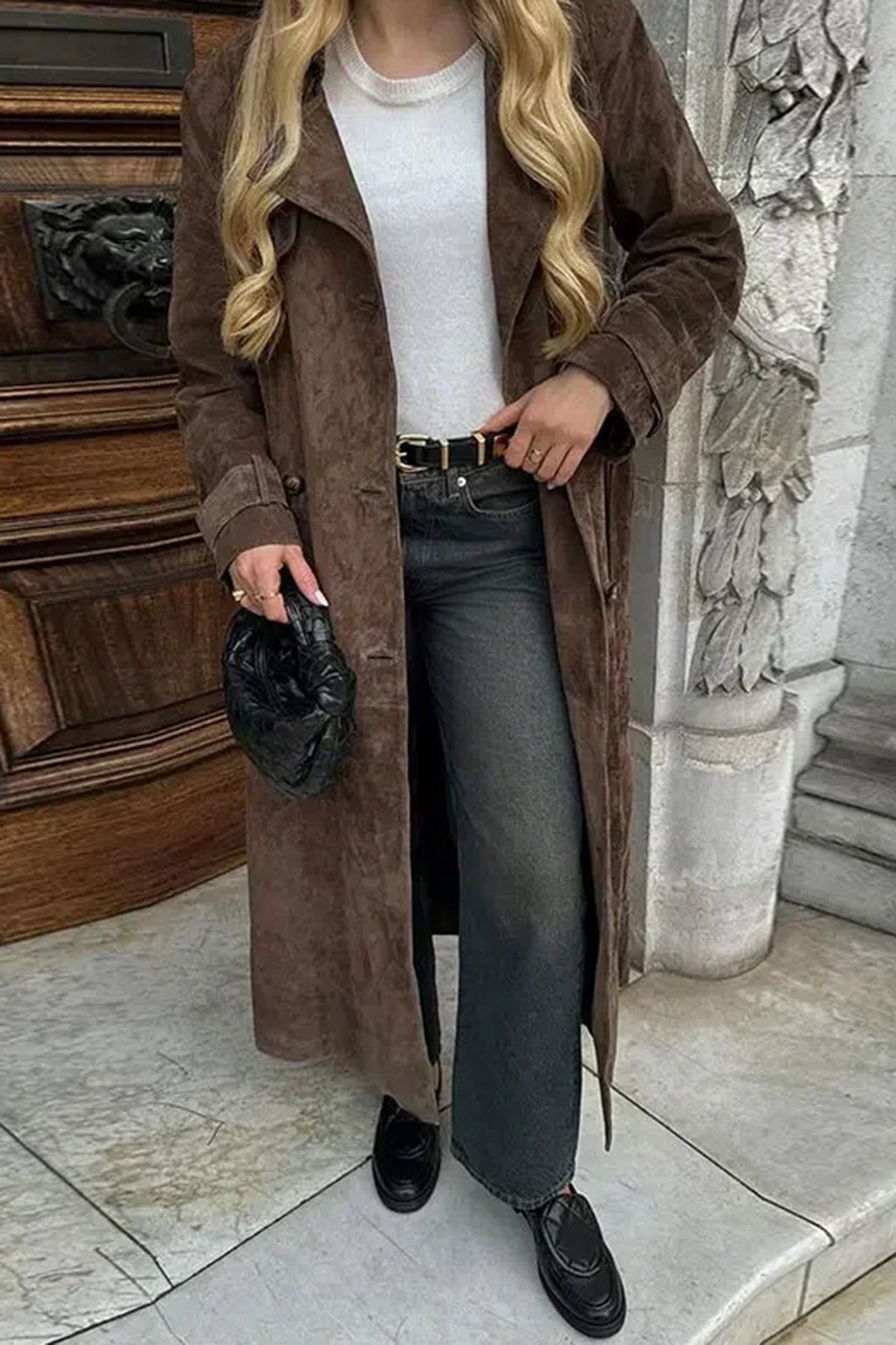 Lapel Collar Long Sleeve Tied Up Double Breasted Trench Coat-Brown