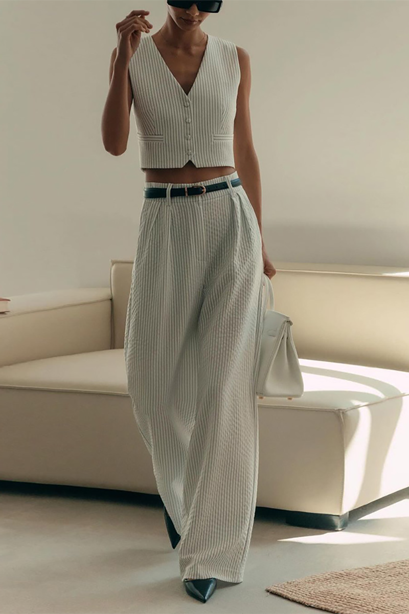 Striped Print V Neck Crop Waistcoat Wide Leg Pants Matching Set-White